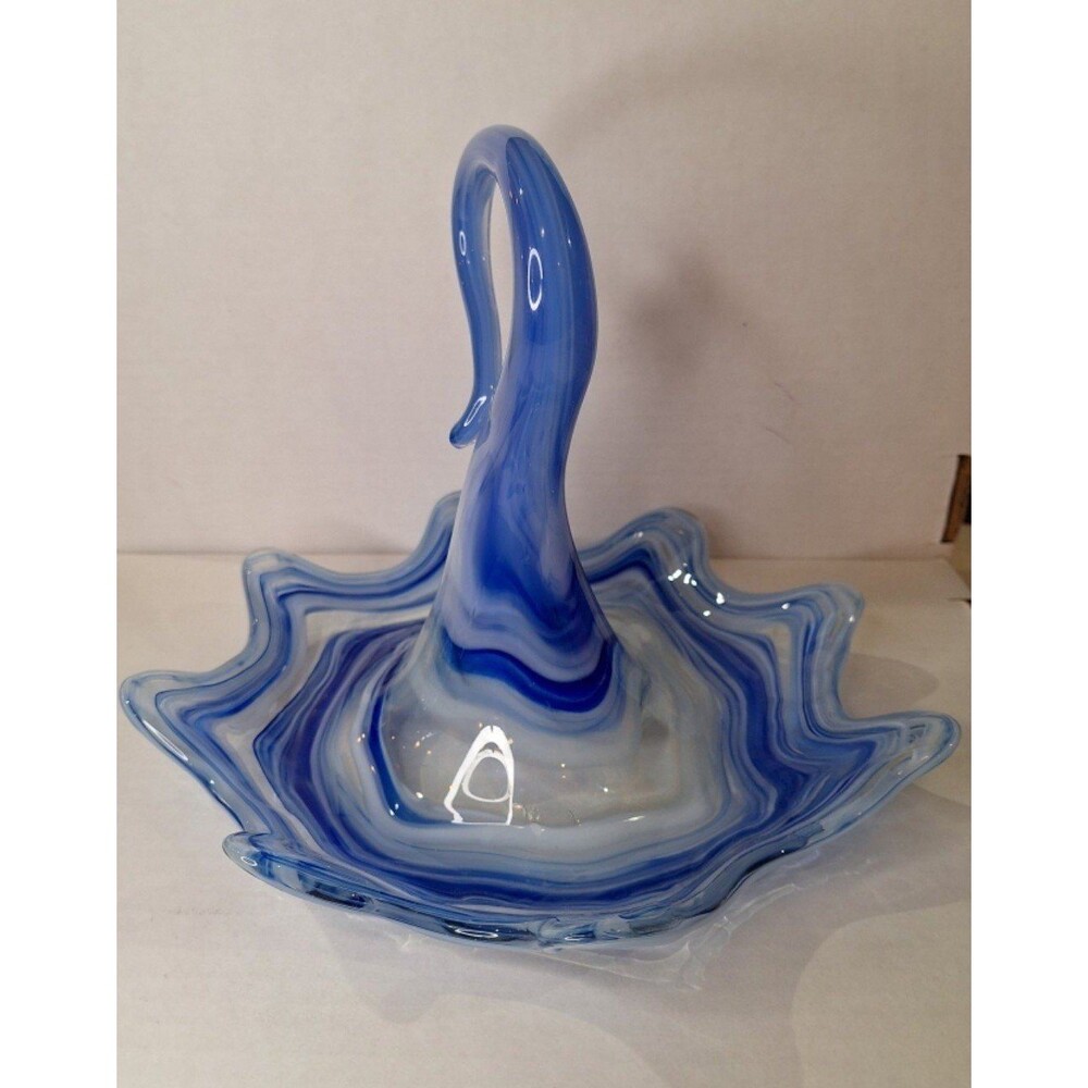 HANDMADE BLOWN SWIRL GLASS ART PIECE BLUE WHITE ONE-OF-A-KIND SERVING DISH